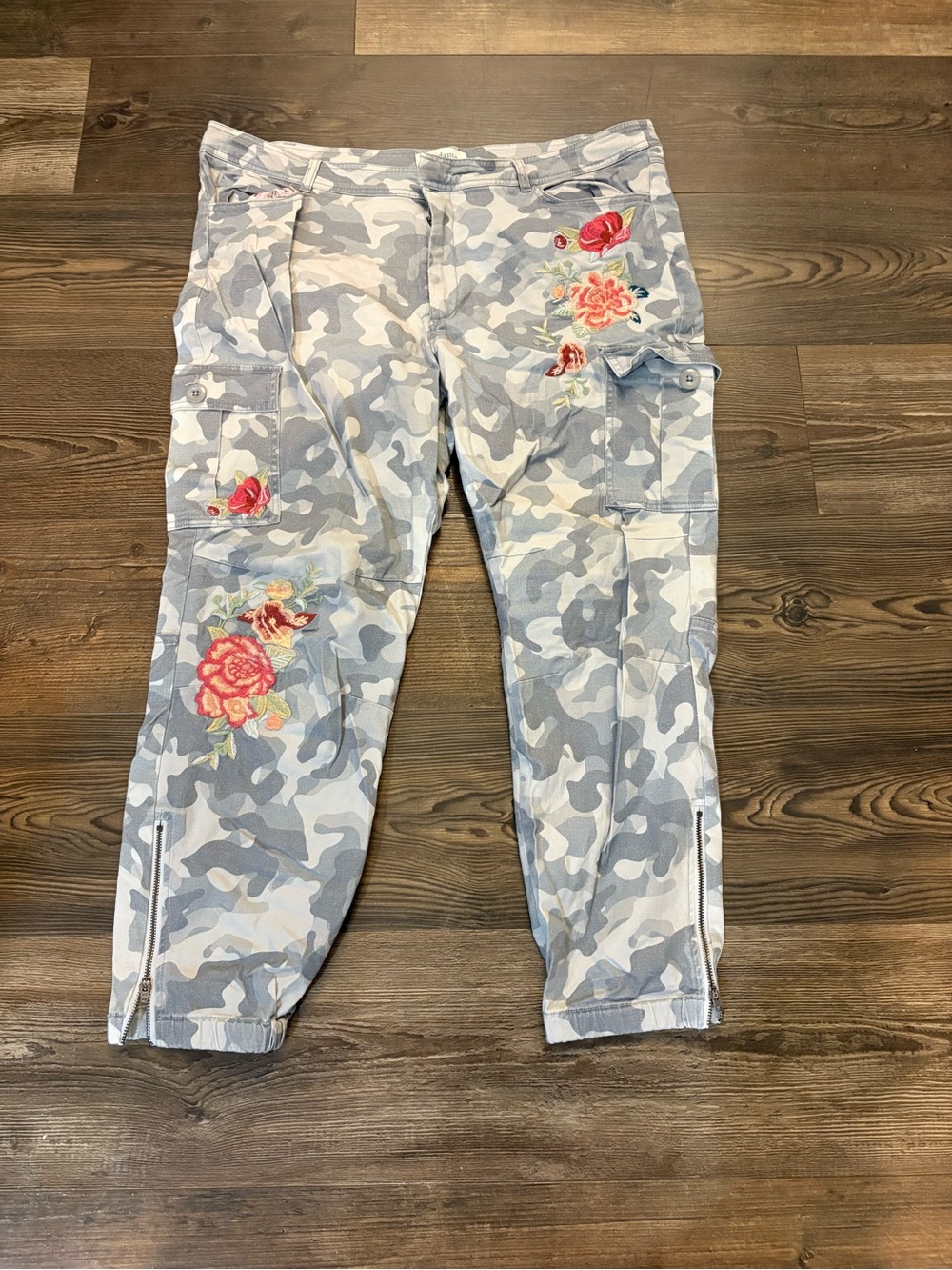 Sundance Gray Camo Boyfriend Jeans with Pink Floral Embroidery